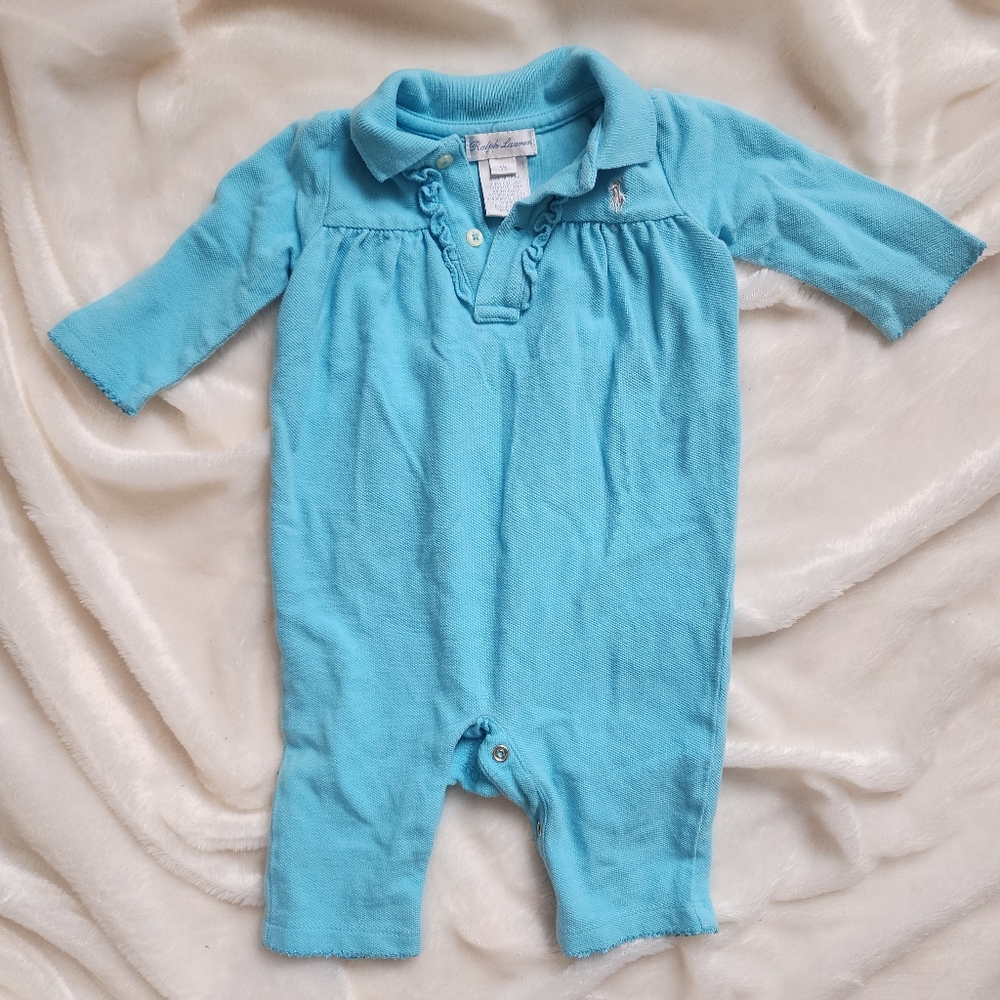 RALPH LAUREN Baby Girl One Piece Polo Overall Baby Blue Size 6M Ruffles